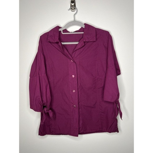 OSKA Top Womens Button Down Blouse Size 1 Small Half Tie Bow Sleeves Purple - Picture 14 of 15